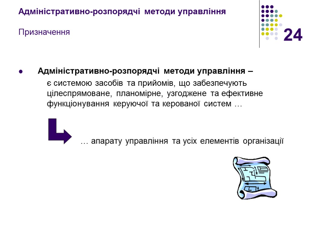 24 Адміністративно-розпорядчі методи управління Призначення Адміністративно-розпорядчі методи управління – є системою засобів та прийомів,